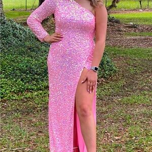 Primavera Couture Pink Asymmetrical Sequin Gown